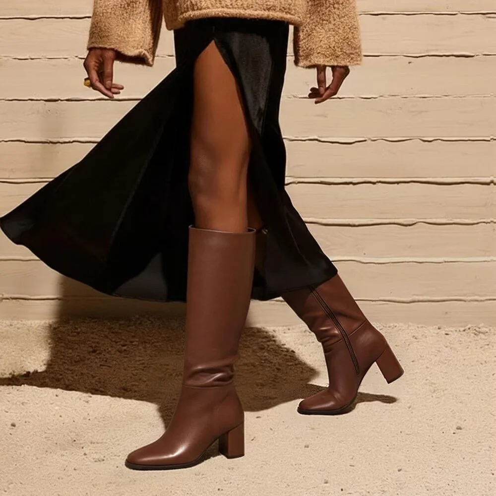 Women's Brown Knee High Boots Round Toe Side Zip Chunky Heel Boots Rubber